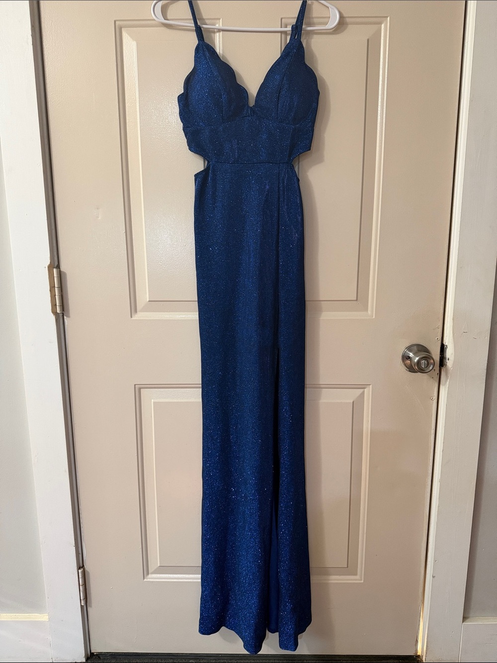 Glitter Navy Blue Scallop-Edge Maxi Dress